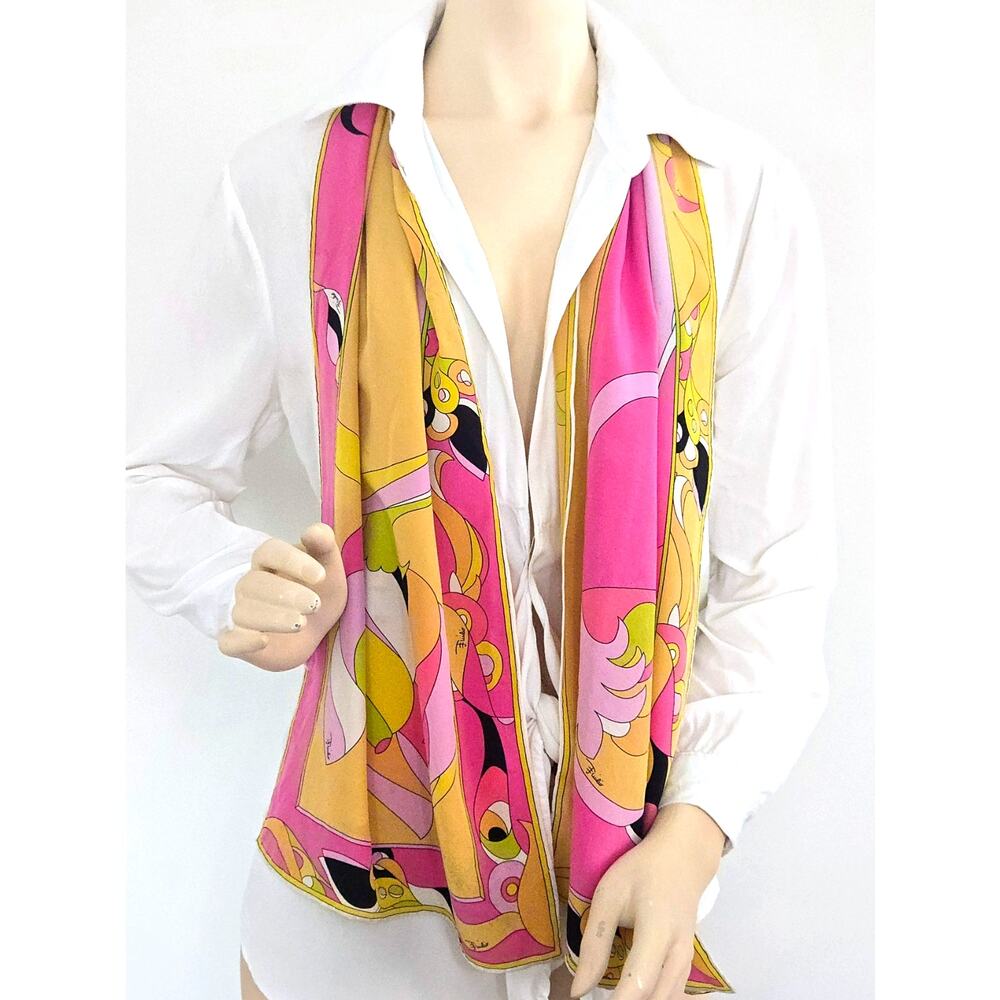 Vintage Emilio Pucci Firenze Silk Scarf Pink Yellow Abstract Print 58 Inch Italy